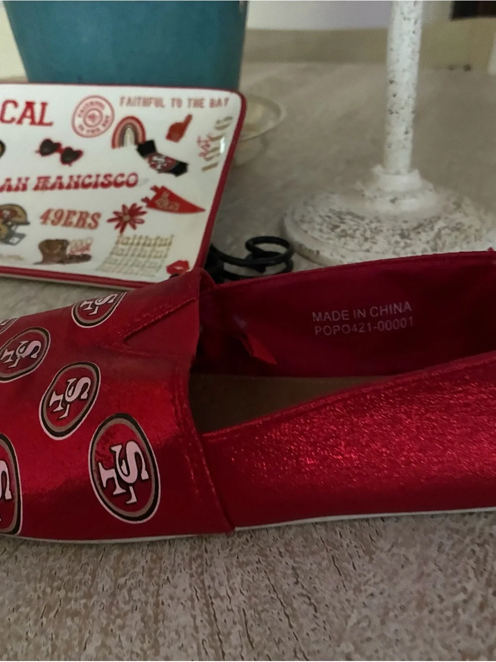 Red Metallic Slip-On Flats with Team Logo Pattern
